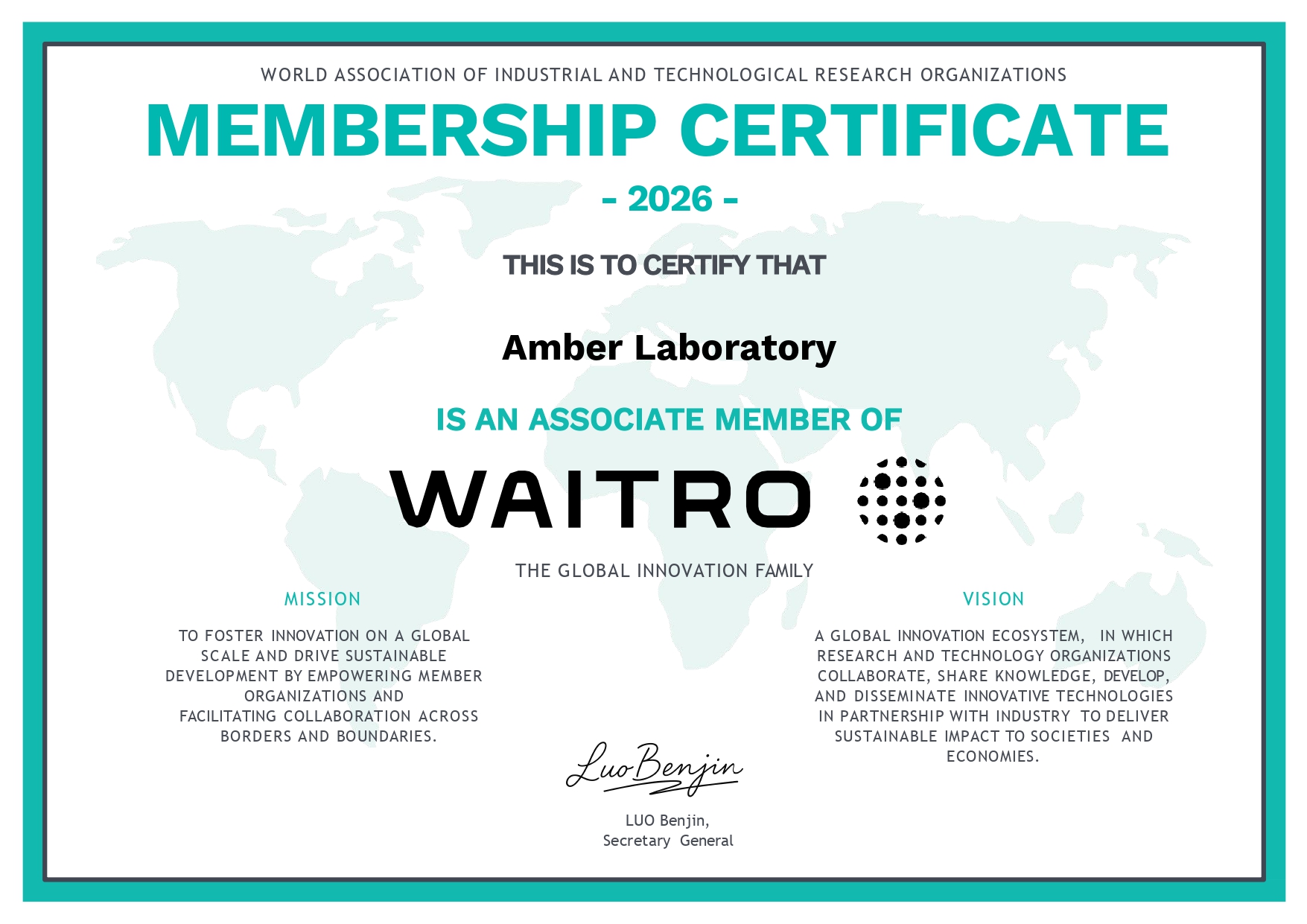 Official WAITRO Associate Membership Certificate – Amber Laboratory (2026)